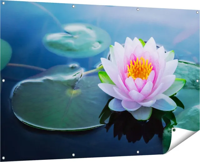 Gards Tuinposter Roze Lotusbloem met Waterlelies - 150x100 cm - Tuindoek - Tuindecoratie - Wanddecoratie buiten - Tuinschilderij Multikleur