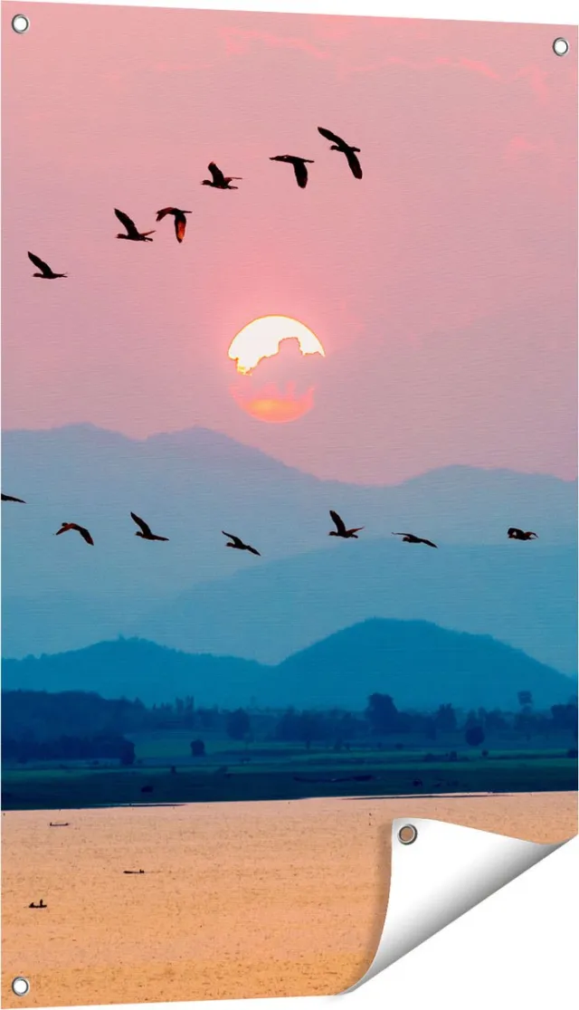 Gards Tuinposter Silhouet van Zwerm Vogels bij Zonsondergang - 60x90 cm - Tuindoek - Tuindecoratie - Wanddecoratie buiten - Tuinschilderij Multikleur