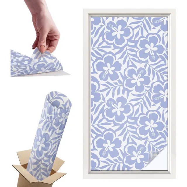 TULUP Raamfolie Anti inkijk - Hibiscusbloemen Privacy Folie Raam - 50x100 cm - Blauw Anti inkijk Folie - Raamfolie Tegen inkijk Glas in Lood - Voor de slaapkamer, badkamer en woonkamer. - Raamfolie Zonwering Blauw - Hibiscusbloemen