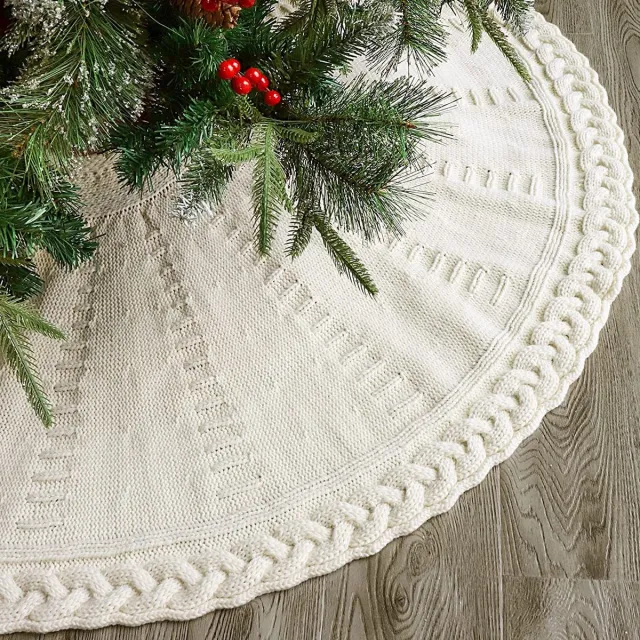 SNQ Kerstboomrok – Gebreide Kerstboomrok 122 cm – Crème Wit – Gevlochten Kabelbrei Patroon – Voor 229 cm Boom – Geschikt voor Binnen