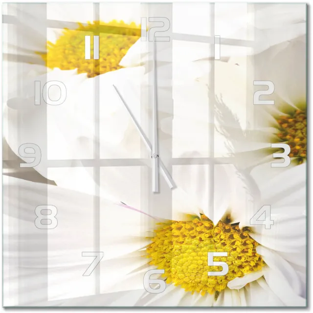 TULUP Wandklok - Madeliefje Gekleurde Glazen Klok - 60x60 cm - Geel Glazen Klok Met Print - Witte handen - Vierkante Klok - Moderne Wandklok Glas - Wandklok Glas Decoratie