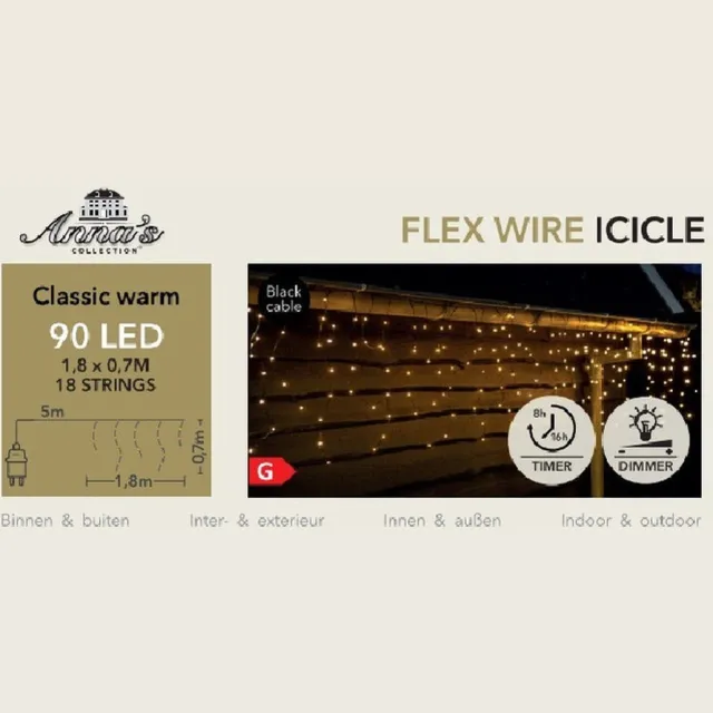 Anna's Collection Ijspegelverlichting -90 leds - warm wit - 180 x 70 cm - zwart lichtsnoer
