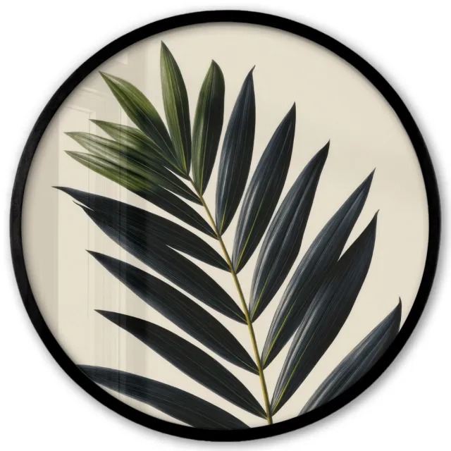 FrameYourWall Poster in lijst Rond - Fotolijst 40x40 cm - Posters - Palmblad - Donkere bladen - Subtiel - Ronde posterlijst zwart - Decoratie - Wanddecoratie woonkamer - Muurdecoratie slaapkamer Palmblad - Subtiel