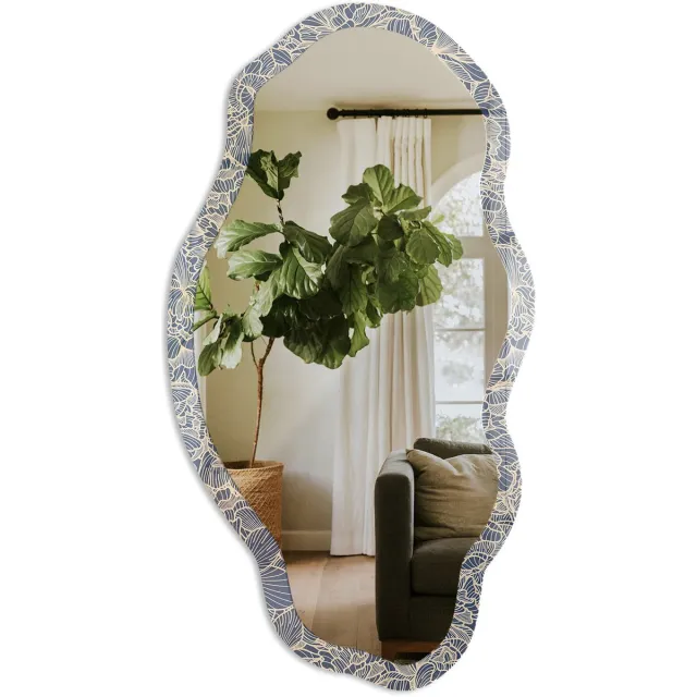 TULUP Bloemenornament Spiegel - Blauw Moderne Rechthoekige Wandspiegel - Organische Spiegel - Slaapkamer, Woonkamer, Kantoor - Modern - 45x90 cm - Totale afmeting 52x97 cm Bloemenornament, Blauw