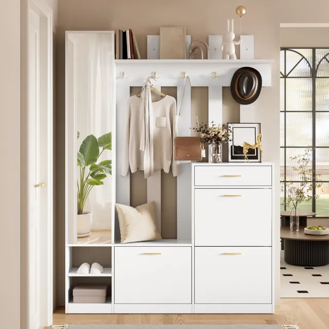 Clruro Garderobe Set - 133x23.5x180 cm - Met Spiegel 3 Schoenenkippers Lade en Haken - Hout - Wit
