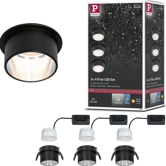 Paulmann LED-inbouwlamp 3-Step-Dim Gil Coin Basisset IP44 rond 68 mm Coin 3x6W 3x470lm 230V dimbaar 2700K Zwart mat, Staal geborsteld
