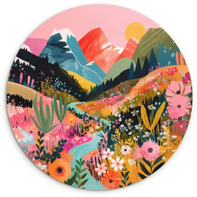 WallCircle Wandcirkel 120x120 cm - Muurcirkel Rivier - Diepte - Bloemen - Muurdecoratie woonkamer - Wanddecoratie slaapkamer - Kamer decoratie accessoires - Ronde schilderijen Rivier - Bergen - Kleurrijk