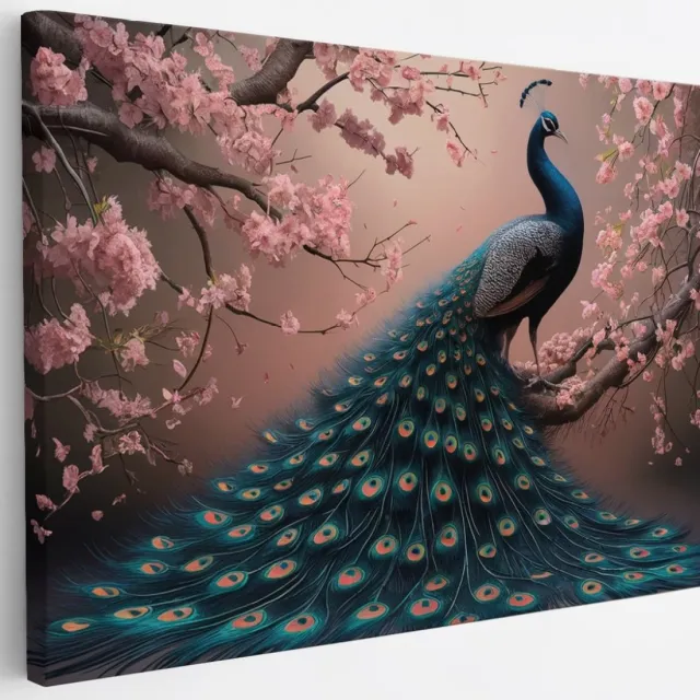 Saammp Canvas Schilderij - Pauw tussen de roze bloesem - Dieren - Natuur - 30x20 - Foto op canvas - Wanddecoratie - muurdecoratie Woonkamer - Slaapkamer decoratie - Canvas Print Multicolor