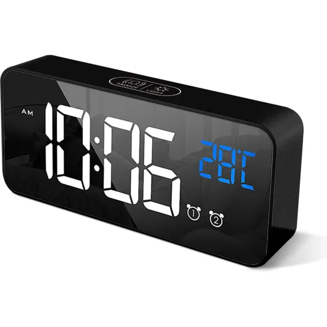 meerklose Digitale wekker met grote LED temperatuurweergave, tafelklok spiegelalarm met dual alarm snooze tijd 4 niveaus instelbare helderheidsdimmer 13 muziek USB-aansluiting nachtkastje slaapkamer roze (Zwart)
