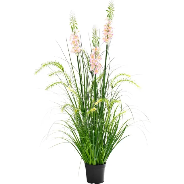 Famanu 90 cm kunstgras met drie bloemen, decoratieve potplant voor binnen en buiten, ideaal voor thuis, tuin, kantoor en bruiloften, kunstgroen, verhuiscadeau Roze