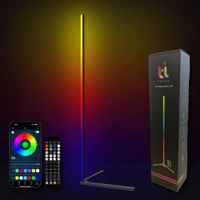 TULITE Slimme LED Vloerlamp RGB - Afstandsbediening - Sfeerverlichting - Hoeklamp - Staanlamp - Led Verlichting Strip - Dimbaar - Voor Woonkamer - Zwart Zwart - Nieuwe Editie