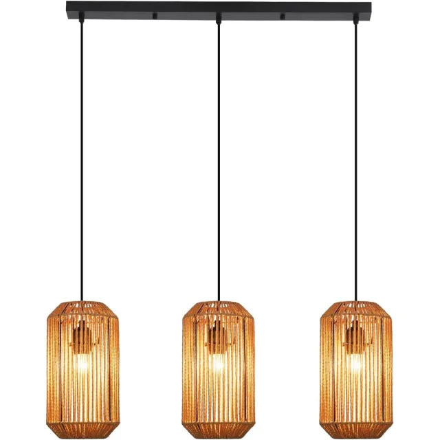 Glitzerlife Hanglampen - Boho Retro - Lanternvormig - 3xE27 - Hoogteverstelbaar - Handgeweven Papierseil IJzer - Ø16cm - Zwart Licht Curry - Hanglamp Eetkamer Woonkamer Slaapkamer Lange