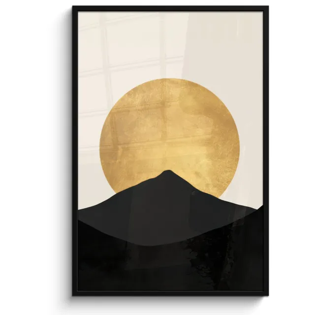 FrameYourWall Poster in lijst - Fotolijst 80x120 cm - Posters - Bergsilhouetten - Gouden cirkel - Beige - Posterlijst zwart - Decoratie - Wanddecoratie woonkamer - Muurdecoratie slaapkamer Bergsilhouetten - Cirkel