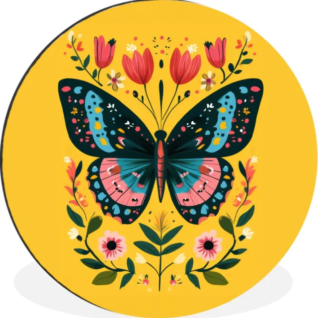 WallCircle Wandcirkel - Muurcirkel - Bloemen - Kleurrijk - Vlinder - Sierlijk - Aluminium - Dibond - 90x90 cm - Binnen en Buiten