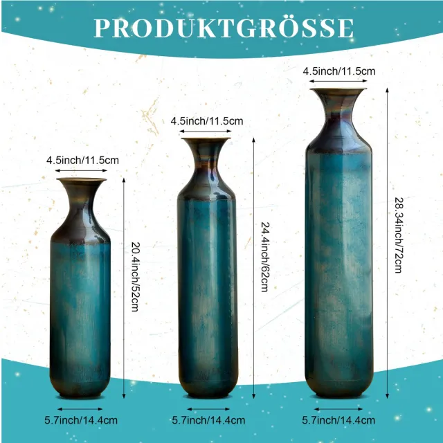 FloraGrace Metalen Vaas - Handgemaakt Patina-effect - 3 Maten - Metaal - Blauwgroen - Voor Woonkamer, Hal En Tuin - Niet Waterdicht