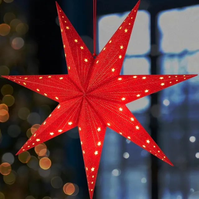 Brubaker Hangende Kerstster met E14-Voet - 60 cm Papieren Sterrenset met 3,5 m Kabel - 3D Adventsster - Raamdecoratie Lichte Ster Ophangen - Rood Rood ster + patroon fijn