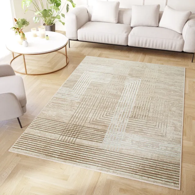 Tapiso Crystal Vloerkleed Beige Creme Lijnen 3D Effect Tapijt Maat- 200x300
