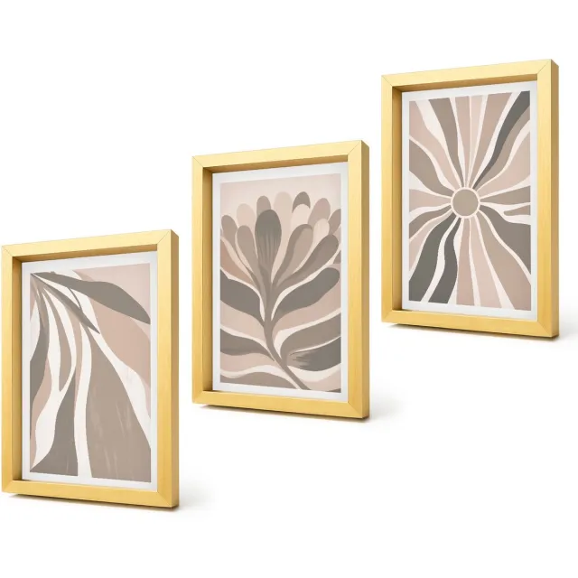 Coloray 4-Delige Schilderij Set - Abstracte plantpatronen in beige en bruine tinten. - 20 x 30 cm - Wanddecoratie - Muurdecoratie - Moderne Interieurdecoratie - Woonkamer Decoratie Gouden lijst