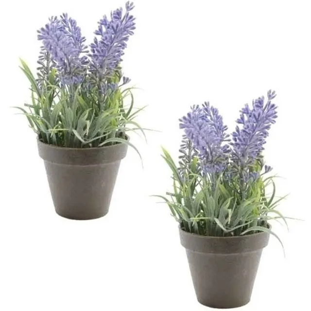 Bellatio Flowers & Plants Bellatio Kunstplant - 2x stuks - lavendel - paars - 17 cm - in pot - lavandula