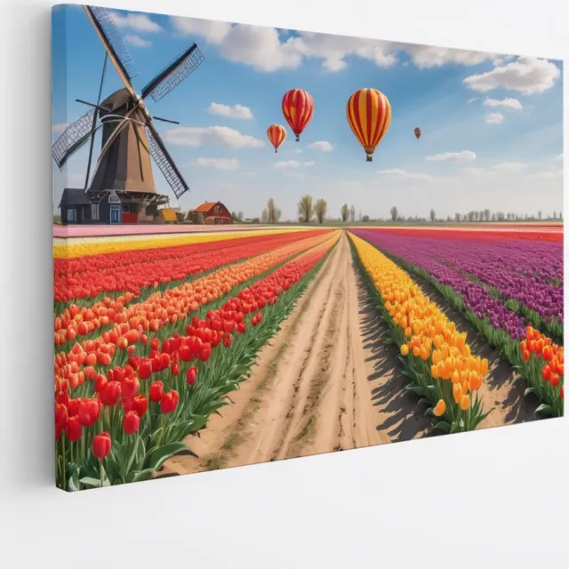 Saammp Canvas Schilderij - Landschap - Luchtballonnen boven een tulpenveld met een molen - Natuur - 90x60 - Foto op canvas - Wanddecoratie - Muurdecoratie Woonkamer - Slaapkamer decoratie - Canvas Print Multicolor
