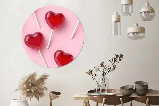 WallCircle Wandcirkel - Muurcirkel - Lollies - Hartjes - Roze - Aluminium - Dibond - 120x120 cm - Binnen en Buiten