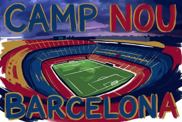 Atelier Iconique Camp Nou FC Barcelona Hand-Painted Typography Poster Stadiums - Print op Canvas 90x60 cm - Atelier Iconique krachtige grafische postertinten met hoog contrast