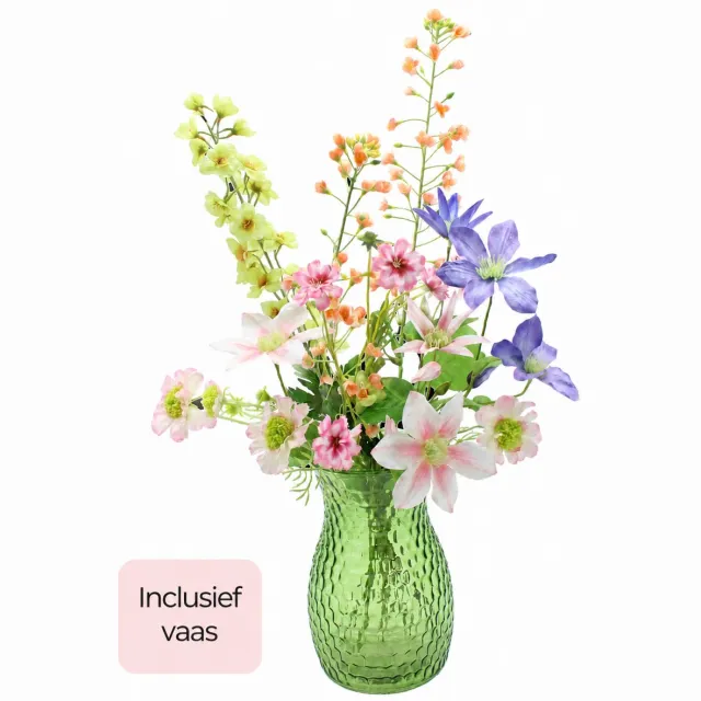 Bloemenjunkie Kunstbloemen - Inclusief Vaas - Zijden Bloemen Boeket - Veldboeket - Nepbloemen - 60cm hoog - 6 Stelen - Voorjaar Roze