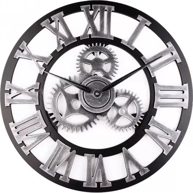 LOUZIR Handgemaakte Grote Wandklok - Ronde Muurklok - Retro Klok - Latijnse Cijfers Romeins - Tandwiel - Handmade Gear Wall Clock Zilver