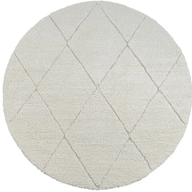 TapisTrend Harig tapijt Crème 120 cm rond Hoogpolig vloerkleed met een groot ruitpatroon voor de woonkamer, slaapkamer en ontspanningsruimte Beige