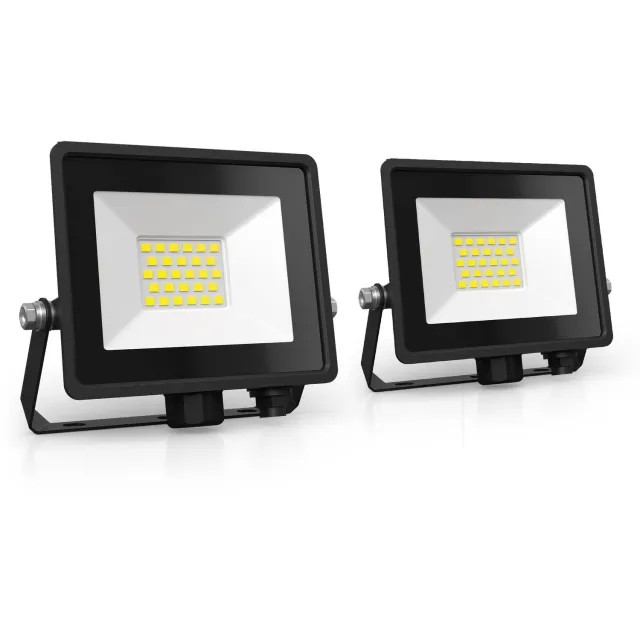 LEDVION 2x ECO LED-schijnwerper buiten, IP65, 20W, 110lm/W, koel wit, 6500K, superhelder, breedstraler, buitenlamp Zwart