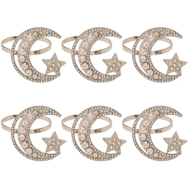 QTTVBTNA 6 Stuks Servetringen - Maan en Ster Design - Metalen Tafeldecoratie voor Feestdagen - Festiviteiten Accessoires voor Suikerfeest, Ramadan & Speciale Gelegenheden - Zilver