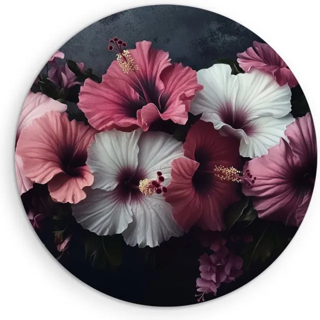 Saammp Muurcirkel Hout - Tropische Hibiscus in Pastel Tinten - Bloemen - Natuur - Ø 70 - Wandcirkel - Wanddecoratie Cirkel - Luxe Muurdecoratie Woonkamer