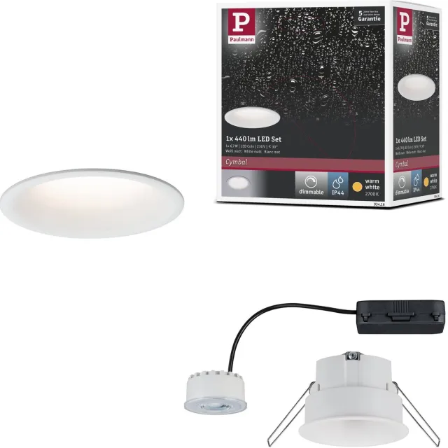 Paulmann LED-inbouwlamp Cymbal Coin Enkele lamp IP44 rond 77 mm Coin 6,7W 430lm 230V dimbaar 2700K Wit mat