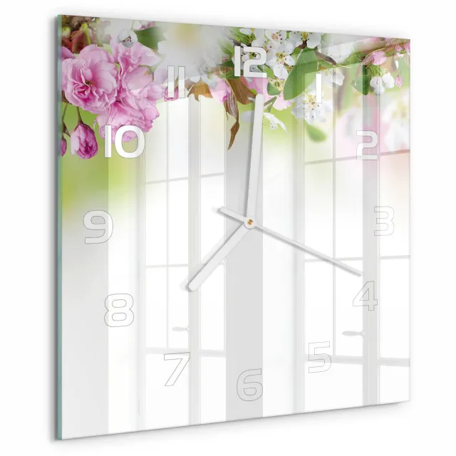 TULUP Wandklok - Lentebloemen Klok Glas Met Opdruk - 30x30 cm - Veelkleurig Moderne Wandklok Glas - Witte handen - Vierkante Klok - Decoratieve Glazen Klok - Glazen Wandklok Design