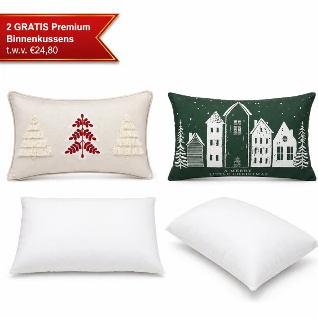 Urbane Hide Kerstkussen Set van 2 Kerst Kussenhoezen incl. Gratis Kussenvulling - Kerst Kussenhoes - Kussenhoesjes Rechthoek - Kerstkussens met Kerstboom & Kerstdorp Borduursel & Print - 30x50 cm - Katoen/Linnen & Polyester - Voor Binnen - Wit/Groen Type I