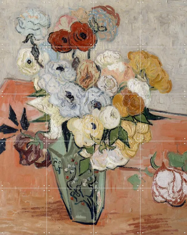 IXXI Rozen en anemonen, Vincent van Gogh (1853 - 1890) & Bridgeman Images - 80 x 100 cm - Grote wanddecoratie en posters - Klassiek Wit / Warme kleuren
