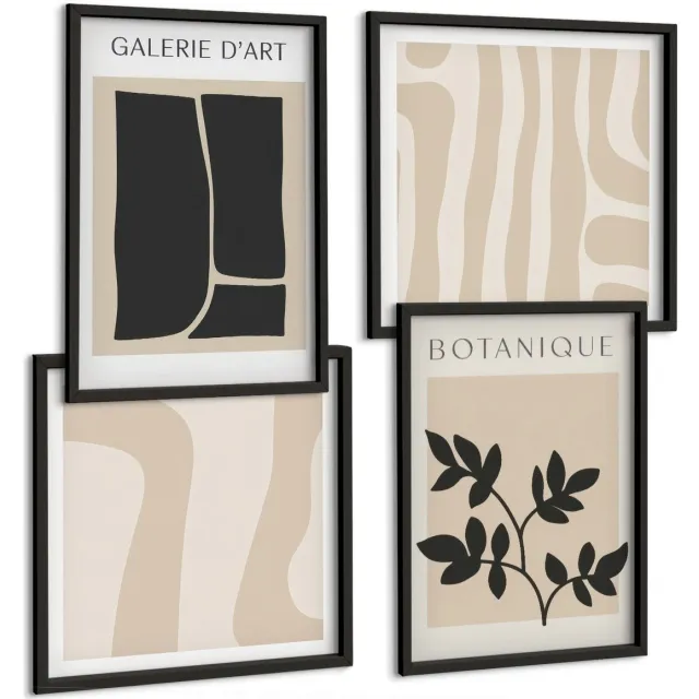 Coloray 4-Delige Schilderij Set - Abstracte Vormen En Plantmotieven In Neutrale Tinten. - 40 x 40 cm En 40 x 60 cm - Muurdecoratie - Wanddecoratie - Hal - Decoratieve Schilderijen Zwarte lijst