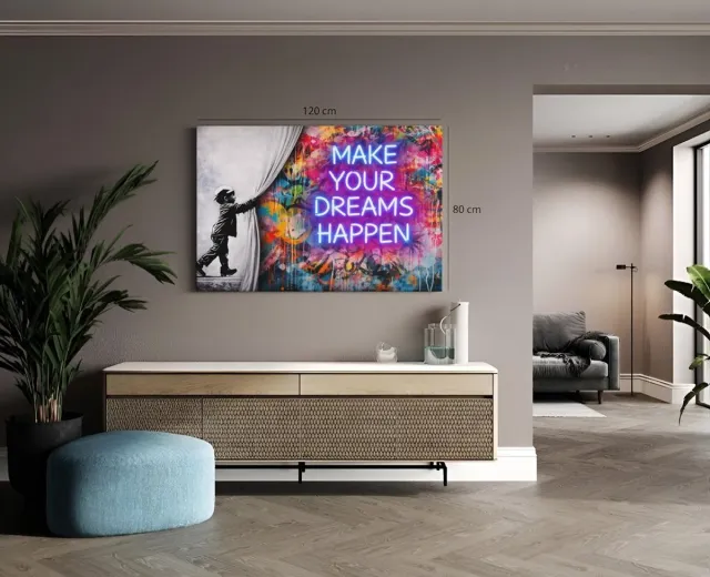 Trendex Global Canvas Schilderij - Graffiti - Gordijn - Street Art - 150x100x2 cm Kleurrijk