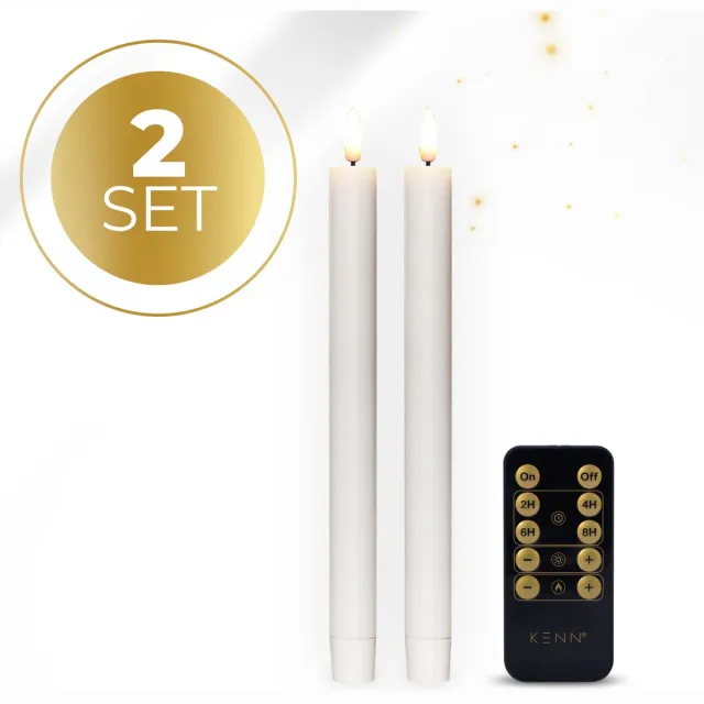 KENN LED Dinerkaarsen op Batterijen – Echte Wax – Set van 2 – Wit – Met Afstandsbediening & Timer – Realistische 3D Vlam – LED Kaarsen – Dinerkaars LED – Kaarsen op Batterijen – LED Tafelkaarsen – Horeca – Realistisch Flikkerende Vlam