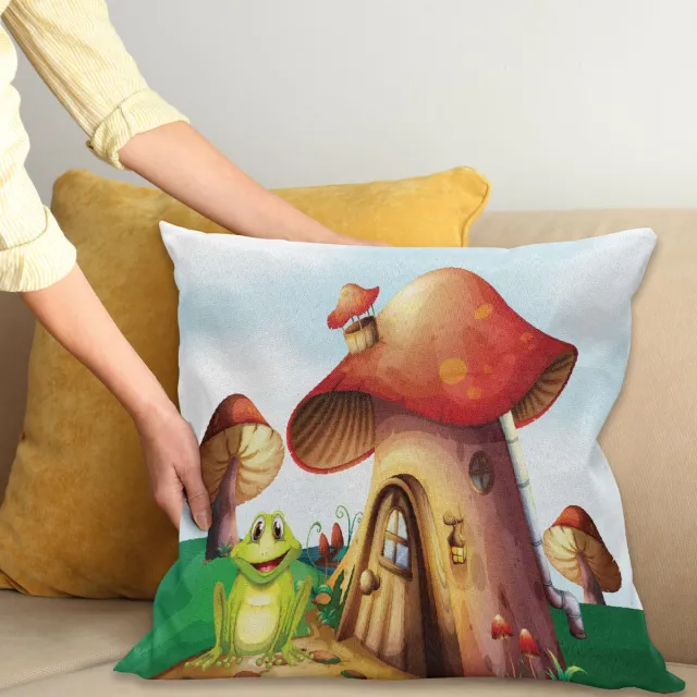 ABAKUHAUS Bos Kussenhoes, Cartoon Mushroom Häuser, Wasbare Sierkussenhoes voor Binnen/Buiten, Dubbelzijdige Print met Ritssluiting, 40 x 40 cm, Meerkleurig