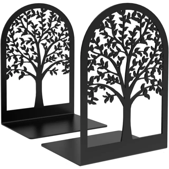 KZQ Creatieve Metalen L-Vormige Boekensteunen - Levensboom Ontwerp - Stevig & Stijlvol - Voor Bureau en Boekenkast - 17x12x8cm Zwart