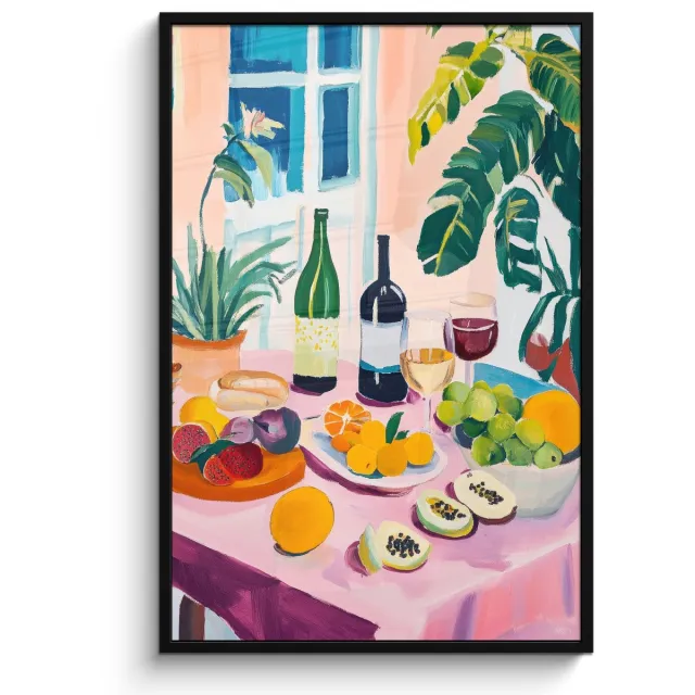 FrameYourWall Poster in lijst - Fotolijst 80x120 cm - Posters - Tafel - Wijn - Fruit - Posterlijst zwart - Decoratie - Wanddecoratie woonkamer - Muurdecoratie slaapkamer