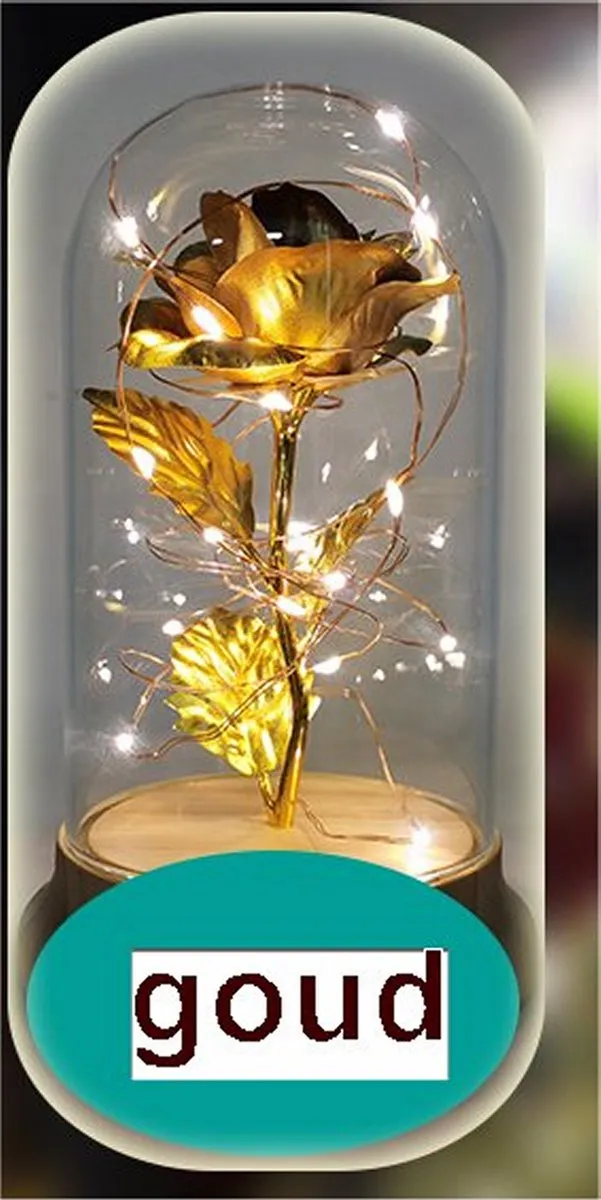 VDTOYS ® LED rose - Eternal rose of affection and love - roos onder stolp - de kleur is goud - hoog 18.5 cm en diam. 11 cm