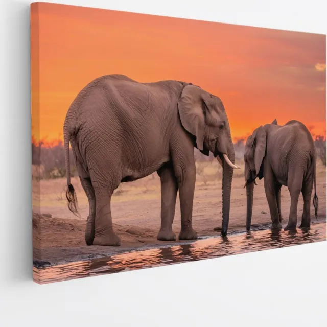 Saammp Canvas Schilderij - Olifant met kalf - Afrika - Dieren - 150x100 - Foto op canvas - Wanddecoratie - muurdecoratie Woonkamer - Slaapkamer decoratie - Canvas Print Multicolor