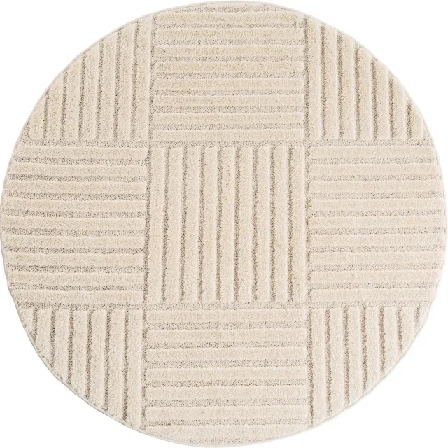 Moonay Kiyaro Kubo Vloerkleed Crème 200 cm rond - Japandi Scandinavisch - Geometrische Strepen - Hoog- en Laagpolig 3D Creme