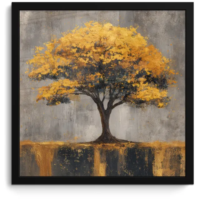 FrameYourWall Poster in lijst - Fotolijst 40x40 cm - Posters - Boom - Bladeren - Goud - Abstract - Posterlijst zwart - Decoratie - Wanddecoratie woonkamer - Muurdecoratie slaapkamer