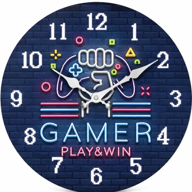 SWGOTA Stille quartz-wandklok 12 inch (29,7 cm) - Rond met gamingprint, witte cijfers en wijzers - Voor slaapkamer en werkkamer Donkerblauw