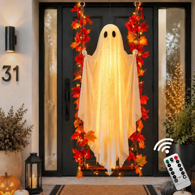 OEMG Halloweenversiering voor binnen en buiten - Hangende spookdecoratie van 1,6 meter met een esdoornblad, schommel van 2 meter, spooklampje, Halloweenversiering voor boom, tuin, veranda, erf