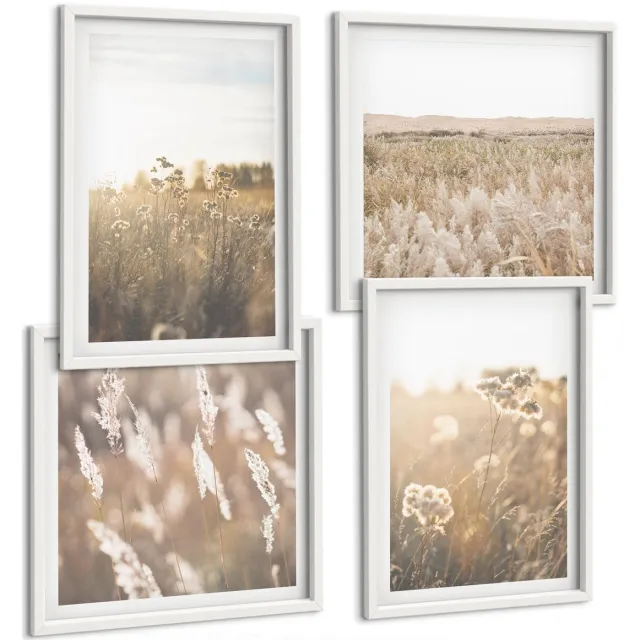 TULUP 4-Delige Schilderij Set - Landschap met grassen en bloemen in warme tinten. - 40x40 en 40x60 - Decoratieve Schilderijen - Woonkamer - Interieur Witte lijst