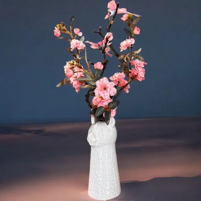 Seta Fiori Kunstbloemen - “Witte Keramiek Vaas met Roze Kunstbloesem – Elegant Poezenmodel” wit, roze